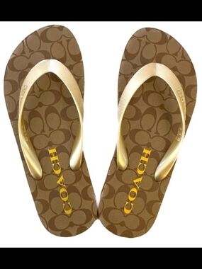 ☆Authentic☆Coach Signature Logo Flip Flops in Brown & Gold